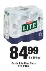 Castle Lite Beer Cans 6x500ml