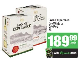 Bonne Esperance Dry White or Dry Red 5L