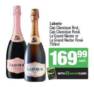 Laborie Cap Classique Brut, Cap Classique Rosé, Le Grand Nectar or Le Grand Nectar Rosé 750ml