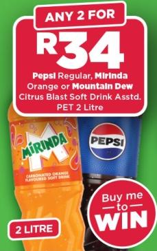 Any 2 Pepsi Regular, Mirinda Orange or Mountain Dew Citrus Blast Soft Drink Assorted 2 Litre