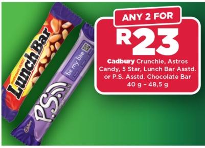 Any 2 Cadbury Crunchie, Astros Candy, 5 Star, Lunch Bar Assorted, or P.S. Assorted Chocolate Bar 40g - 48.5g