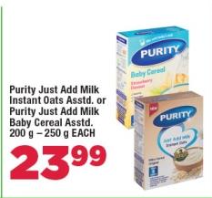 Purity Just Add Milk Instant Oats Assorted or Purity Just Add Milk Baby Cereal Assorted 200g-250g Each