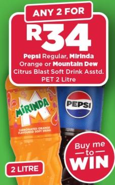 Pepsi Regular, Mirinda Orange or Mountain Dew Citrus Blast Soft Drink Asstd. PET 2 Litre Any 2