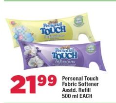 Personal Touch Fabric Softener Asstd. Refill 500 ml EACH