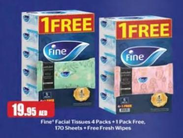 Fine Facial Tissues 4 Packs + 1 Pack Free, 170 Sheets +Fine Free Fresh Wipes