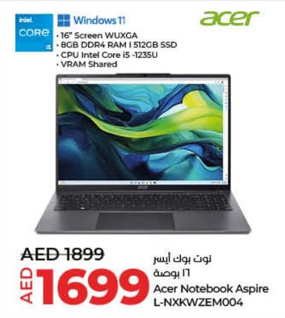 Acer Notebook Aspire with 16" Screen WUXGA, 8GB DDR4 RAM, 512GB SSD, CPU Intel Core i5 -1235U, VRAM Shared