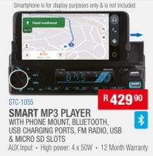 SMART MP3 PLAYER WITH PHONE MOUNT, BLUETOOTH, USB CHARGING PORTS, FM RADIO, USB & MICRO SD SLOTS