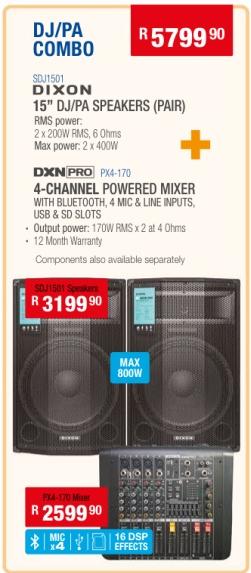 DIXON 15" DJ/PA SPEAKERS (PAIR) + DXN PRO P-170 4-CHANNEL POWERED MIXER