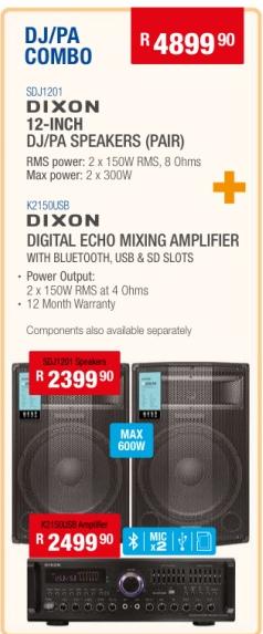 DIXON 12-INCH DJ/PA SPEAKERS (PAIR) + DIXON DIGITAL ECHO MIXING AMPLIFIER