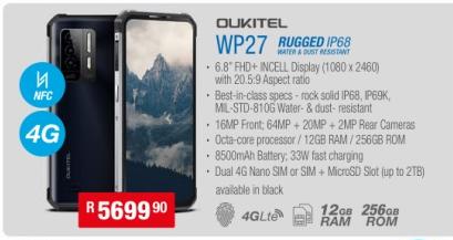 OUKITEL WP27 Rugged IP68, 6.8" FHD+ INCELL Display (1080 x 2460) with 20.5:9 Aspect ratio, 16MP Front, 64MP + 20MP + 2MP Rear Cameras, 8500mAh Battery, 33W Fast Charging, 12GB RAM, 256GB ROM