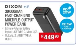 Dixon Y43P 30000mAh Fast-Charging Multiple-Output Power Bank