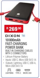 Dixon T95 10,000mAh Fast-Charging Power Bank with built-in charging cables and 3 connectors