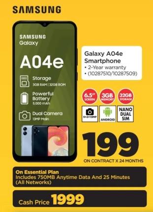 Galaxy A04e Smartphone with 3GB RAM and 32GB ROM, 6.5" screen, 5000mAh battery, Dual Camera (13MP Main), 2-Year warranty.