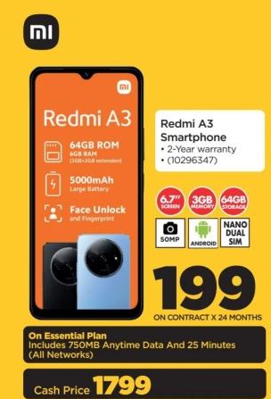 Redmi A3 Smartphone with 64GB ROM and 4GB RAM, 5000mAh large battery, Face Unlock and fingerprint feature.