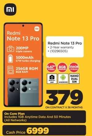 Redmi Note 13 Pro with 200MP triple camera, 5000mAh battery, and 67W turbo charging.