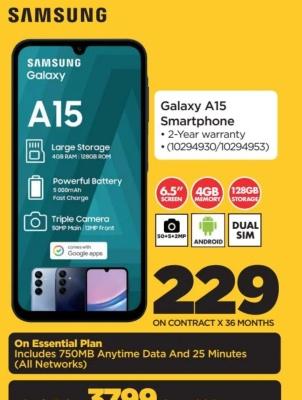 Galaxy A15 Smartphone with large storage, powerful battery, and triple camera.