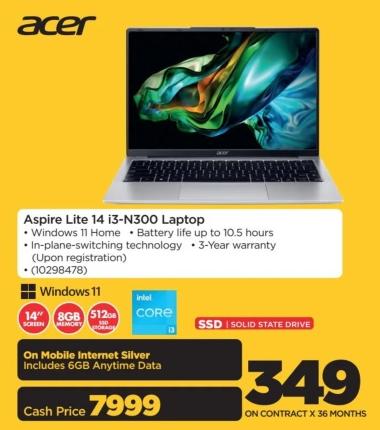 Aspire Lite 14 i3-N300 Laptop - Windows 11 Home - Battery life up to 10.5 hours - In-plane-switching technology - 3-Year warranty (Upon registration)