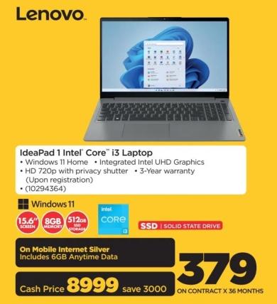 IdeaPad 1 Intel® Core™ i3 Laptop - Windows 11 Home - Integrated Intel UHD Graphics - HD 720p with privacy shutter - 3-Year warranty (Upon registration)