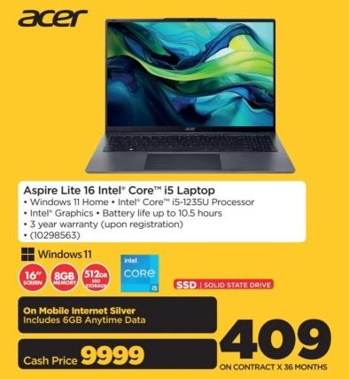 Aspire Lite 16 Intel® Core™ i5 Laptop - Windows 11 Home - Intel® Core™ i5-1235U Processor - Intel® Graphics - Battery life up to 10.5 hours - 3 year warranty (upon registration)