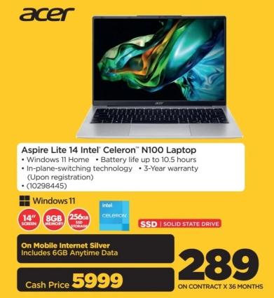 Aspire Lite 14 Intel Celeron N100 Laptop - Windows 11 Home - Battery life up to 10.5 hours - In-plane-switching technology - 3-Year warranty (Upon registration)