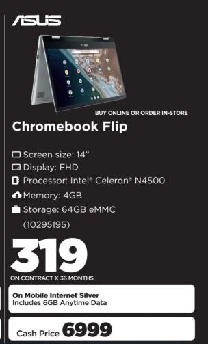 ASUS Chromebook Flip with 14-inch FHD display, Intel Celeron N4500 processor, 4GB memory, and 64GB eMMC storage.