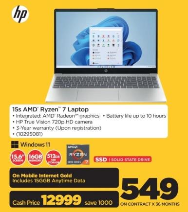 15s AMD Ryzen 7 Laptop with integrated AMD Radeon graphics, battery life up to 10 hours, HP True Vision 720p HD camera, and a 3-year warranty (upon registration).