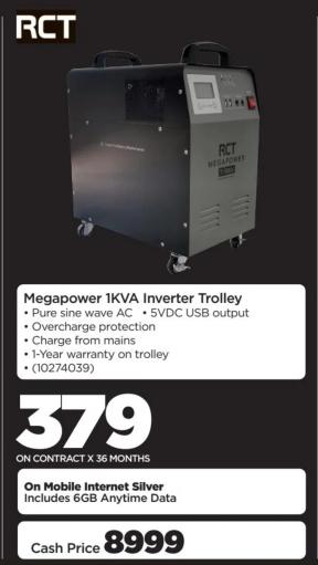 Megapower 1KVA Inverter Trolley - Pure sine wave AC, 5VDC USB output, Overcharge protection, Charge from mains, 1-Year warranty on trolley.