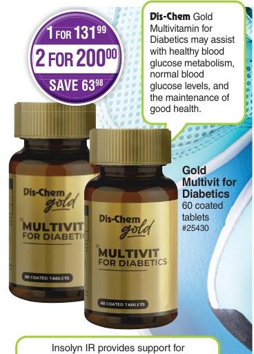 Dis-Chem Gold Multivitamin for Diabetics may assist with healthy blood glucose metabolism, normal blood glucose levels, and the maintenance of good health.