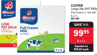 Clover Long Life UHT Milk (Full Cream or Low Fat) 6x1L