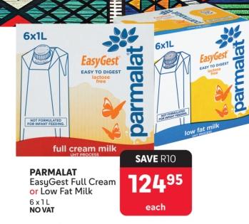 Parmalat EasyGest Full Cream or Low Fat Milk 6x1L No Vat