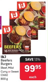 I&J Beefers Burgers (Beef, Mild Curry or Sweet Chilli) 800g