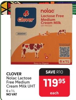 Clover Nolac Lactose Free Medium Cream Milk UHT 6x1L No Vat