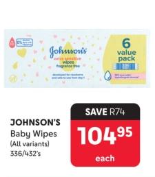 Johnson's Baby Wipes (All variants) 336/432's