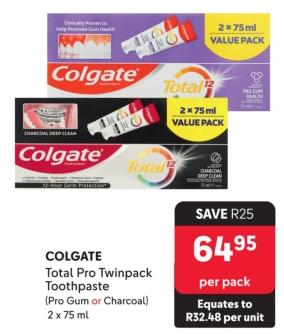 Colgate Total Pro Twinpack Toothpaste (Pro Gum or Charcoal) 2 x 75 ml