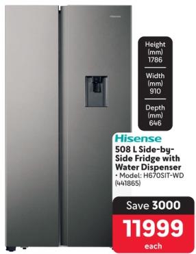 Hisense 508 L Side-by-Side Fridge with Water Dispenser