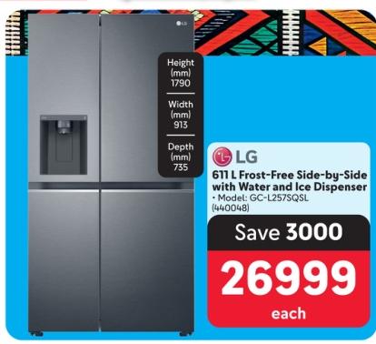 LG 611 L Frost-Free Side-by-Side with Water and Ice Dispenser