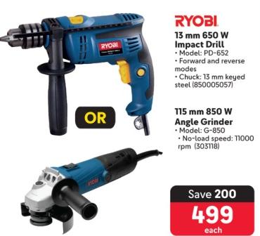 Ryobi 13 mm 650 W Impact Drill or 115 mm 850W Angle Grinder