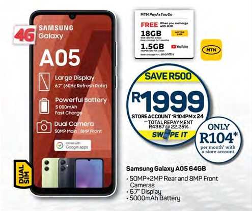 Samsung Galaxy A05 64GB - Large Display, 6.7' (60Hz Refresh Rate), Powerful Battery (5000mAh), Dual Camera (50MP Main + 8MP Front), Fast Charge