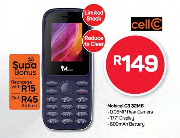 Mobicel C3 32MB with 0.08MP Rear Camera, 1.77" Display, 600mAh Battery