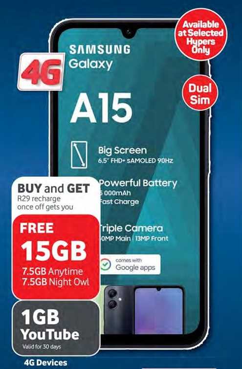 Samsung Galaxy A15 with a 6.5" FHD+ SAMOLED 90Hz display, 5000mAh battery with fast charging, and a triple camera setup (50MP main and 13MP front).