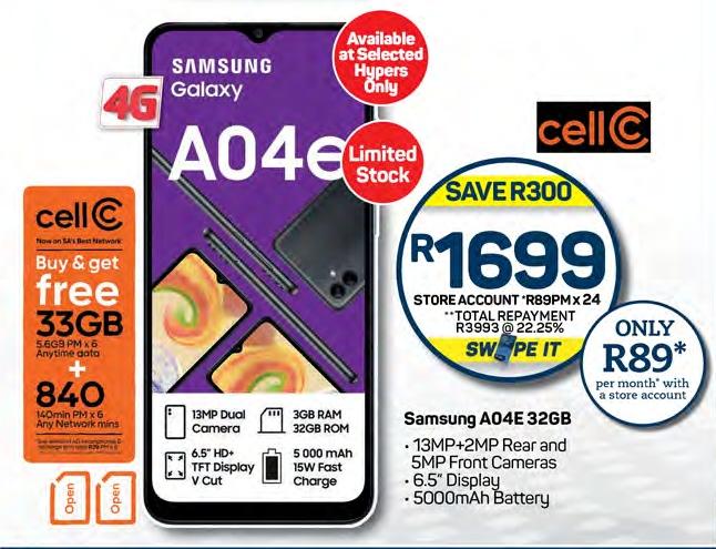 Samsung A04E 32GB - 13MP Dual Camera, 3GB RAM, 32GB ROM, 6.5 HD+ TFT Display, 5000mAh Battery