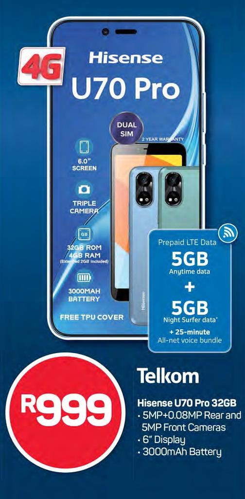 Hisense U70 Pro with 32GB storage, 4GB RAM, 6.0" display, triple camera setup (5MP + 0.08MP rear and 5MP front), and 3000mAh battery. Includes a free TPU cover.