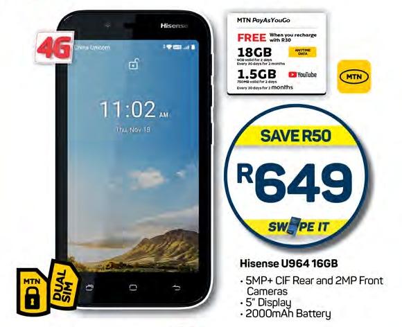 Hisense U964 16GB with 5MP+ CIF Rear and 2MP Front Cameras, 5" Display, 2000mAh Battery