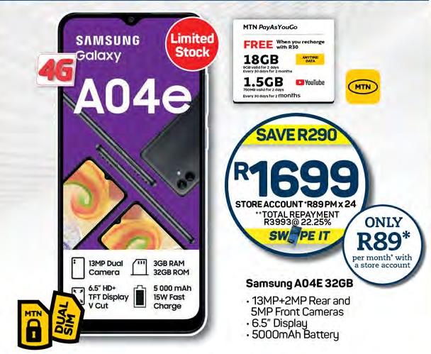 Samsung Galaxy A04e 32GB, 13MP + 2MP Rear and 5MP Front Cameras, 6.5" Display, 5000mAh Battery