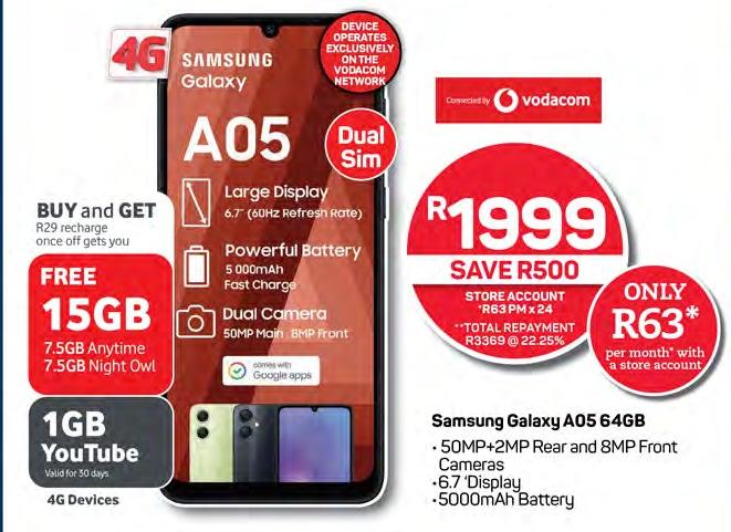 Samsung Galaxy A05 with 64GB storage, 50MP + 2MP Rear and 8MP Front Cameras, 6.7' Display, 5000mAh Battery