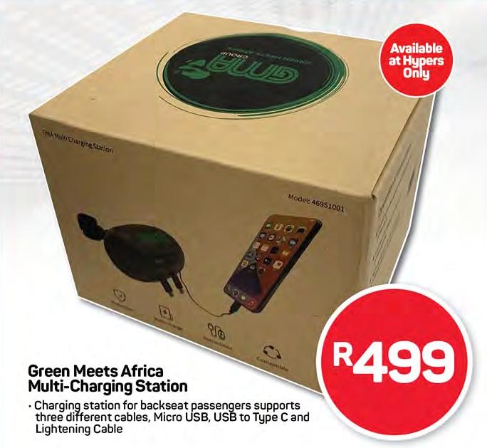 Green Meets Africa Multi-Charging Station - Charging station for backseat passengers supports three different cables, Micro USB, USB to Type C and Lightening Cable