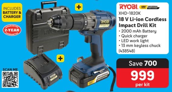 Ryobi 18 V Li-ion Cordless Impact Drill Kit