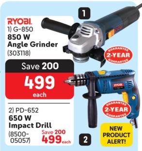 Ryobi 850 W Angle Grinder , Ryobi 650 W impact Drill