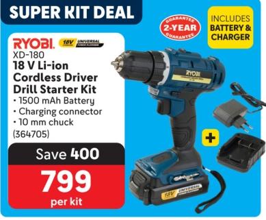 RYOBI XD-180 18 V Li-ion Cordless Driver Drill Starter Kit