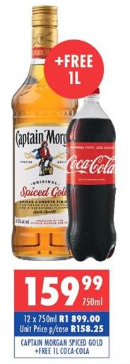 Captain Morgan Spiced Gold 12x750ml +FREE 1LT COCA-COLA